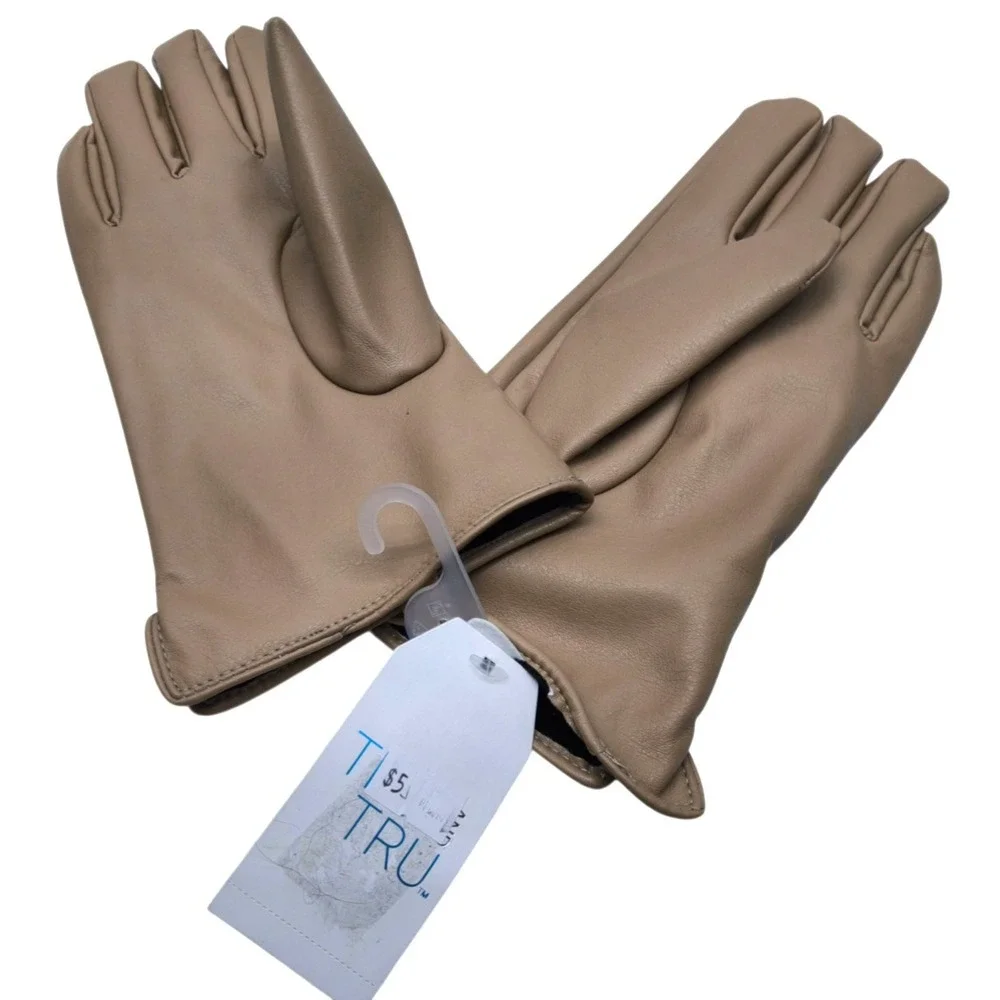 Time & Tru Women's 3 Point Solid Tan Lined Faux Leather‎ Winter Gloves L/XL NWT